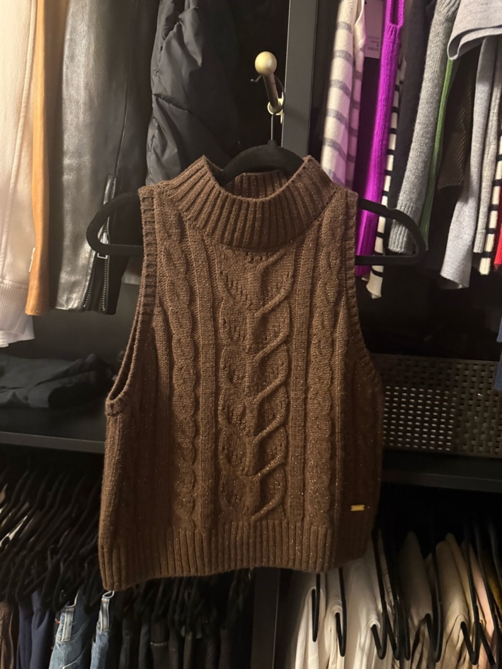 L'AGENCE Brown Cable Knit Vest with Gold Logo Plaque